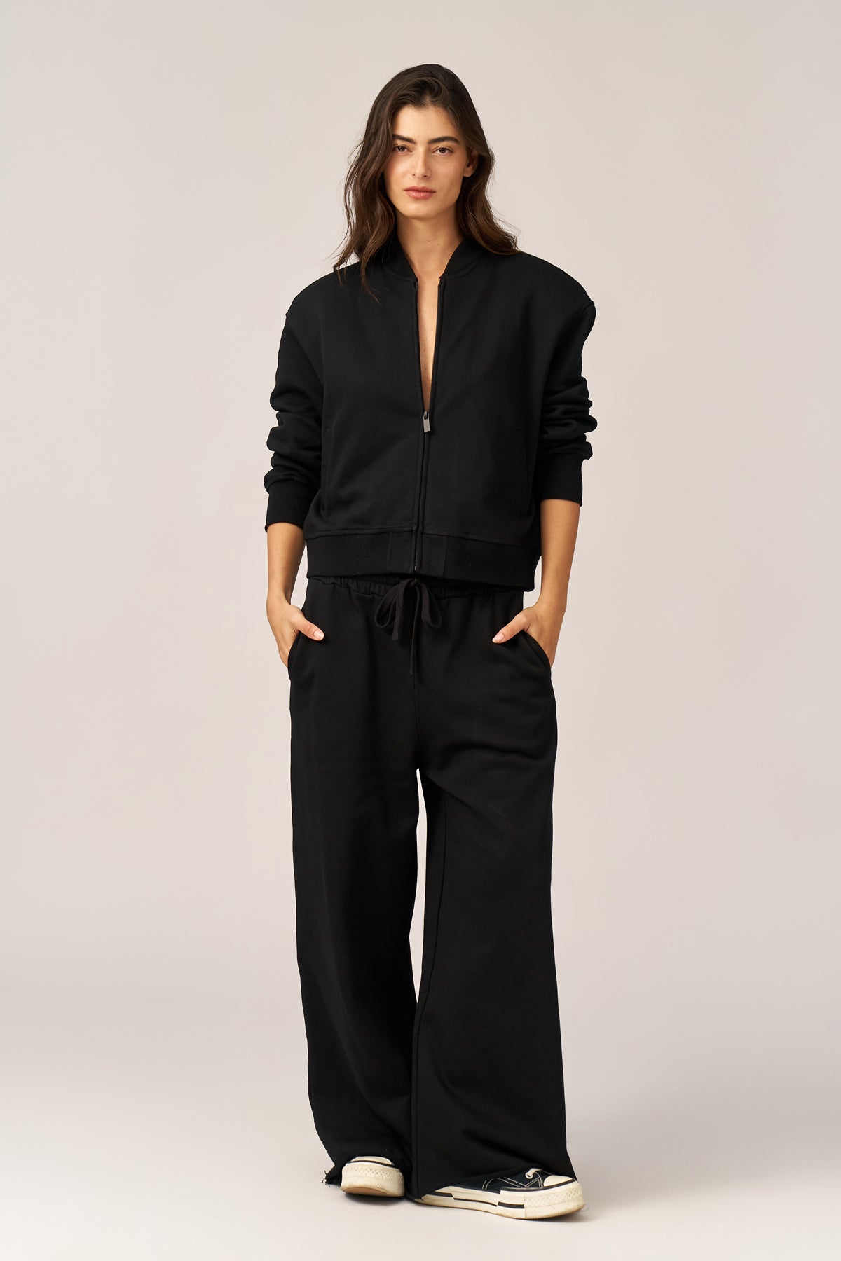 BLACK FRENCH TERRY WIDE LEG PANTS - Image 3