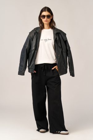 BLACK FRENCH TERRY WIDE LEG PANTS
