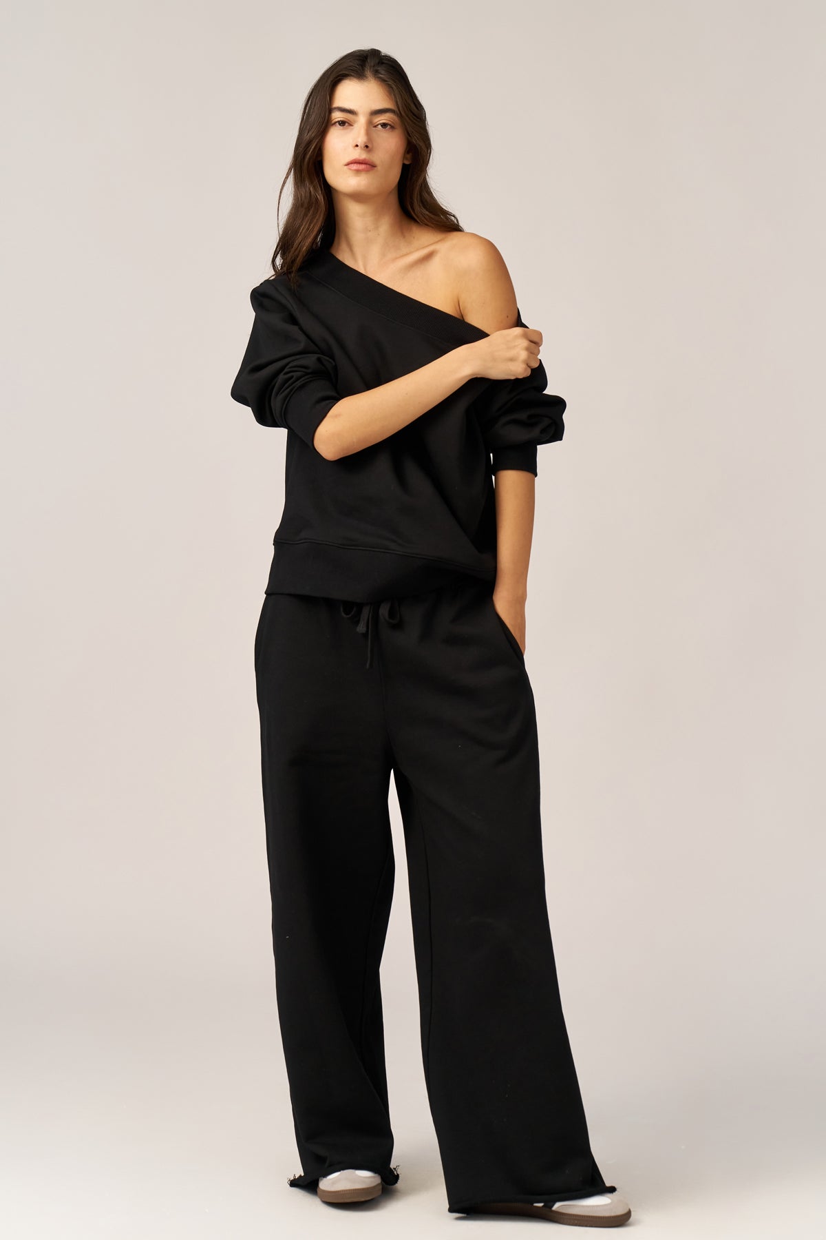 BLACK FRENCH TERRY WIDE LEG PANTS - Image 5