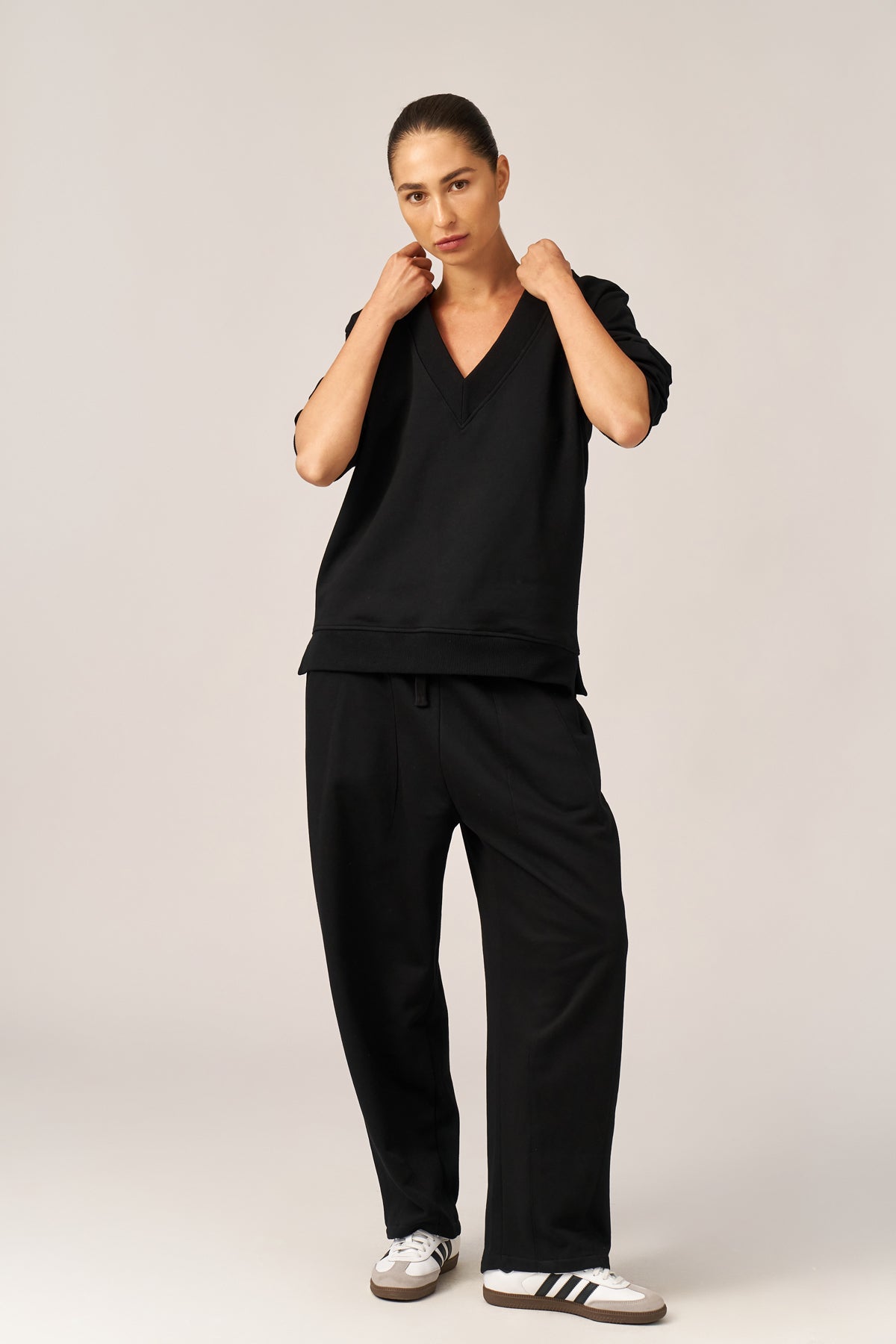 BLACK FRENCH TERRY V-NECK SHIRT - Image 3