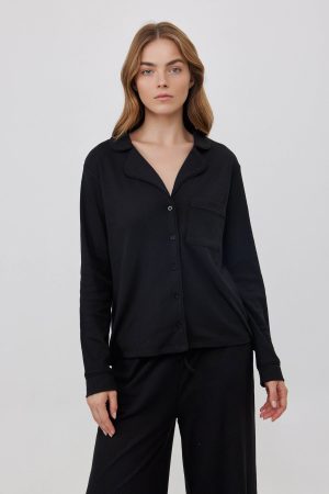 Black Ribbed Button-Up Shirt